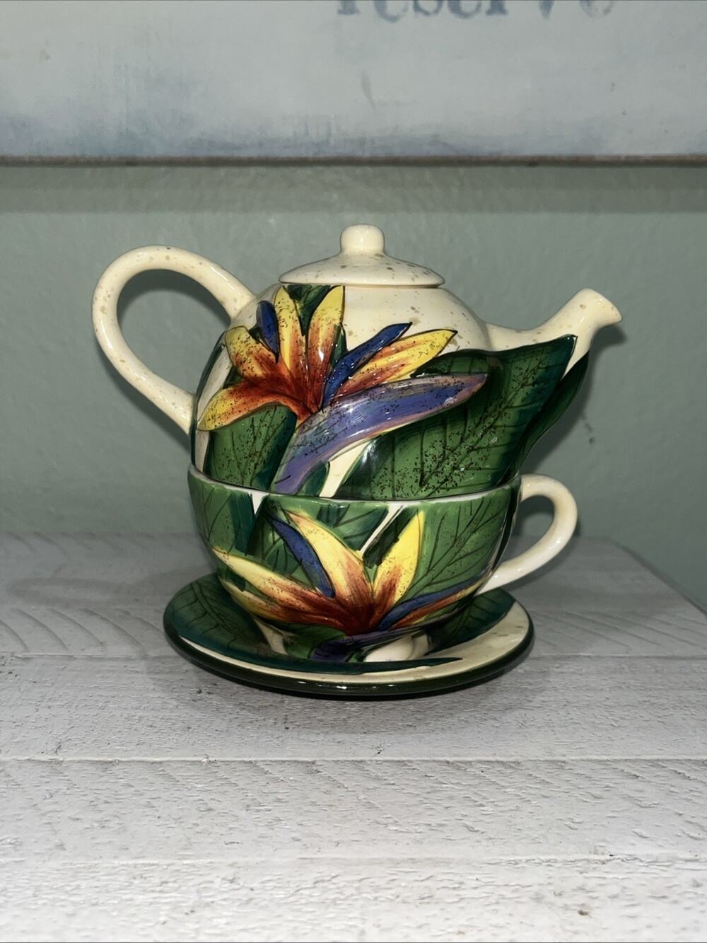 Island Plantations Hand Painted Floral Ceramic Set 8oz Teapot Cup Saucer Lid